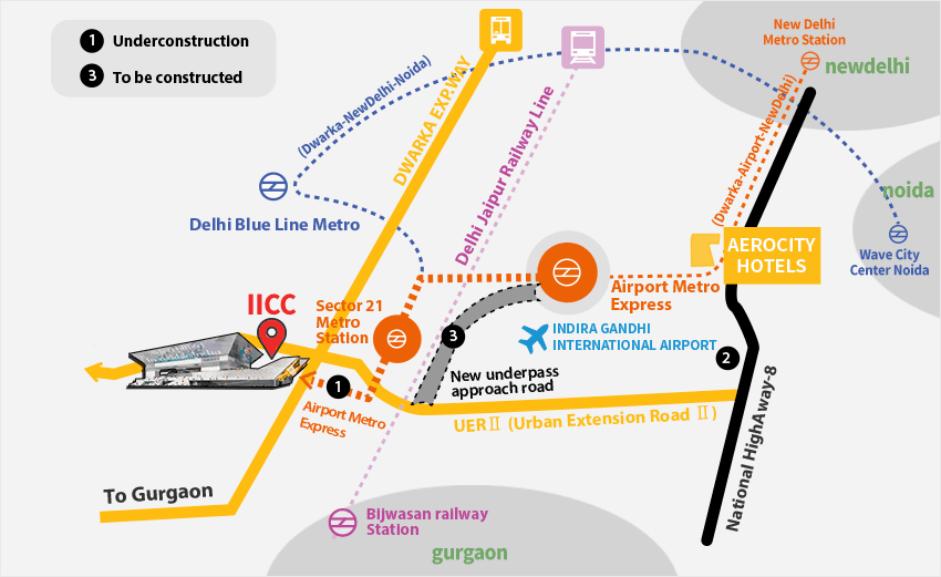 Map showing YASHOBHOOMI (IICC) beside the Dwarka Expressway, linked by the Airport Metro Express to IGI Airport, Aerocity hotels and New Delhi station.